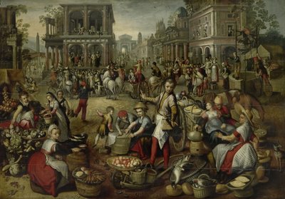 Marknadsplats, med Flagellationen, Ecce Homo och Korsets bärande i bakgrunden, 1550-90 av Joachim Beuckelaer