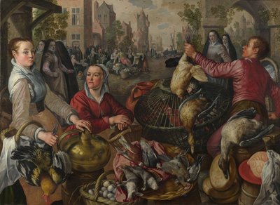 De fyra elementen: ett fjäderfästall i en stad med den förlorade sonen bortom - en allegori av luft, 1569 av Joachim Beuckelaer
