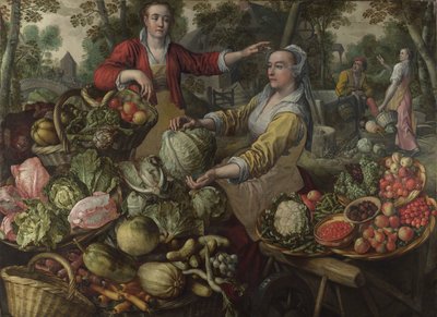 De fyra elementen: Jorden. En frukt- och grönsaksmarknad med flyget till Egypten i bakgrunden - av Beuckelaer (Beuckelaer), Joachim (1533-1574) - 1569 National Gallery, London av Joachim Beuckelaer