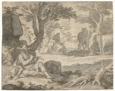 Apollo spelar flöjt och sköter Admetus flock av Joachim Wtewael or Utewael