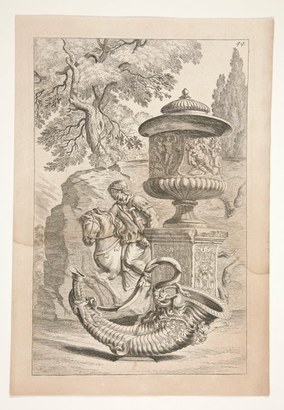 En relief av krigare, en täckt vas dekorerad med en bacchic relief och ett ymnighetshorn i ett landskap av Joachim von Sandrart