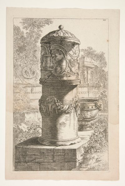 En hög täckt urna och en skål i ett landskap med klassiska ruiner av Joachim von Sandrart