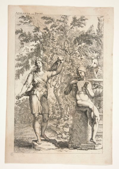 Atalanta och en faun, från Ancient Sculptures Admired av Joachim von Sandrart