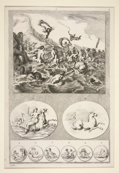 Övre halvan: Nereids Sporting Nedre halvan: Två reliefer och sex mynt av Joachim von Sandrart