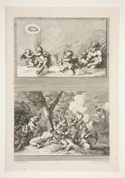 övre halvan: A River God och Putti leker med symbolerna för berömmelse nedre halvan: The Punishment of Cupid av Joachim von Sandrart