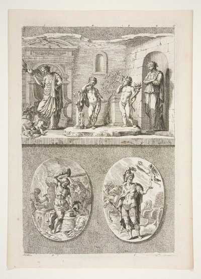 övre halvan: Fyra antika statyer nedre halvan: Forge of Vulcan och A Victorious Roman General av Joachim von Sandrart