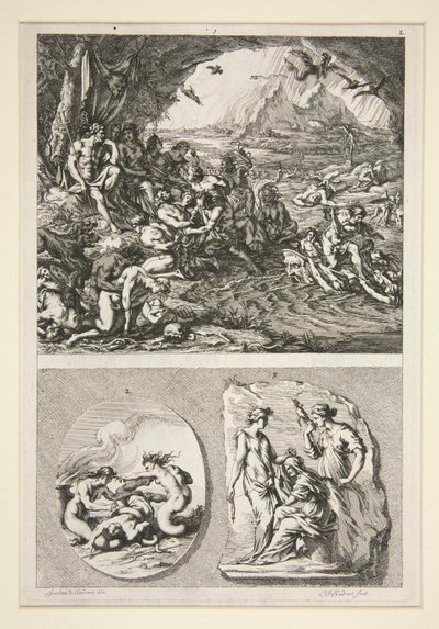 övre halvan: Quos Ego? nedre halvan: Två antika reliefer: De tre öden och ett okänt ämne av Joachim von Sandrart