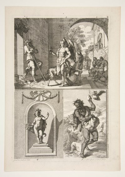 Topphalva: Okänd religiös subjektsbottenhalva: En staty av en putto i en nisch och en staty av en faun i ett landskap av Joachim von Sandrart