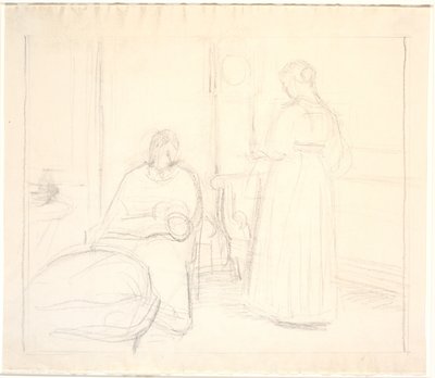 Interiör med klocka och sittande och stående kvinna av Joakim Frederik Skovgaard