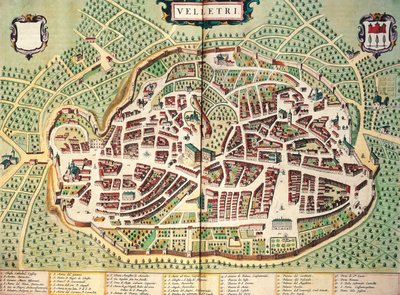 Karta över Velletri av Joan Blaeu, från teatern i Italiens städer och underverk, gravyr av Joan Blaeu