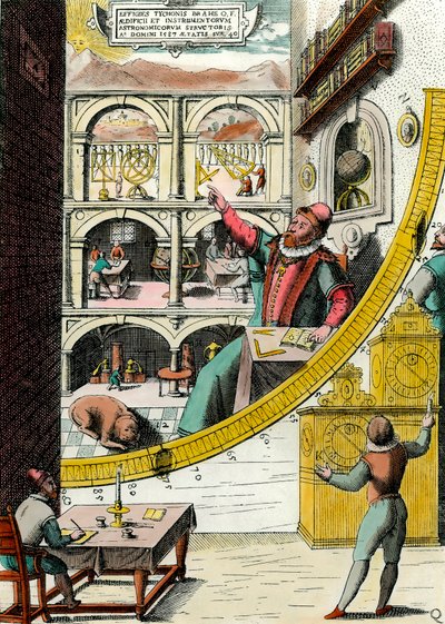 Representation av Tycho Brahe (1546-1601), dansk astronom i hans observatorium Gravyr från "Atlas Major Ssive et cosmographia Blavania labore et sumptibus" av Johannes Blaeu (1598-1673). 1600-talet. Paris, Dekorativ konst av Joan Blaeu