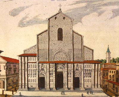 Basilikan San Petronio i Bologna, av Joan Blaeu (1596-1673), tryck från Theatrum Civitatum et Admirandorum Italiae, Italien av Joan Blaeu