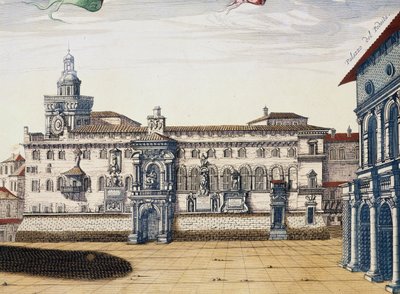 Udsigt over det gamle torv i Bologna, gravering af Giacomo Lauro og Joan Blaeu fra Teatret for byer og vidundere i Italien, udgivet i Amsterdam i 1663 av Joan Blaeu