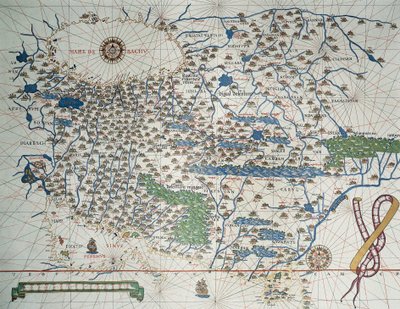 Karta över Asien, inklusive Armenien, Iran, Afghanistan, med vindros, detaljer om hamnar, kuster och sjövägar, i Atlas de Joan Martines av Joan Martines