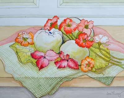 Äpplen och Nasturtium på en grön rutig trasa (akvarell) av Joan Thewsey