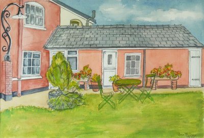 Back Garden, Red Cottage Studios, Suffolk, 2000 penna med vattenfärgstvättar av Joan Thewsey