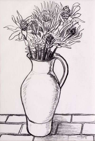 Brun kanna med torkade blommor, 2000, grafit av Joan Thewsey