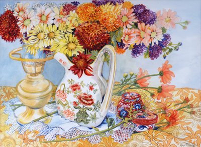Chrysanthemums in a Chinese Jug, 2012,wc på papper av Joan Thewsey