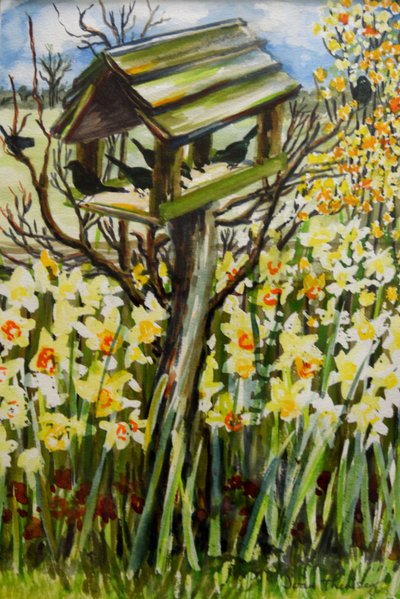 Påskliljor och fåglar i fågelholken, 2000, (gouache) av Joan Thewsey