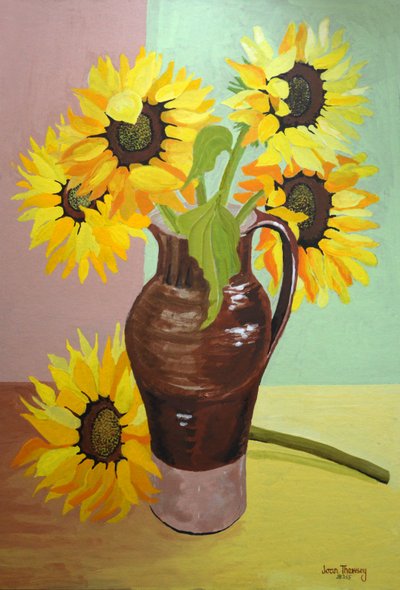 Fem solrosor i en lång brun kanna, 2007 (gouache) av Joan Thewsey
