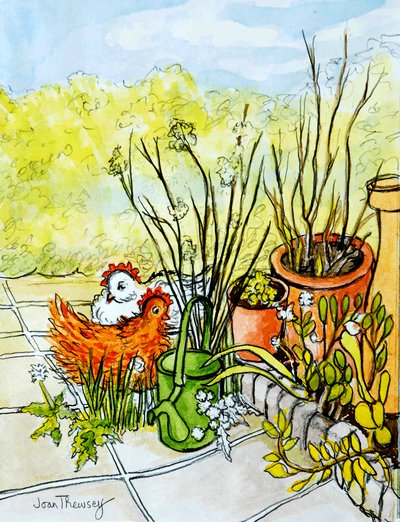 Hens and Pots, Lucy Redman Open Garden, 2000, (penna med vattenfärgstvätt) av Joan Thewsey