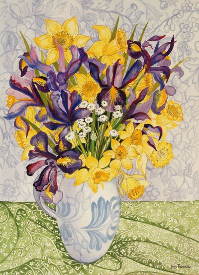 Iris och påskliljor med mönstrade textilier, 2008, akvarell på handgjort papper av Joan Thewsey