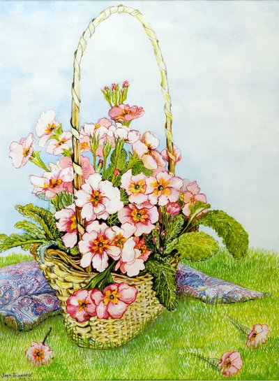 Rosa primörer i en floristkorg med en Paisleyhalsduk, 2010, akvarell av Joan Thewsey