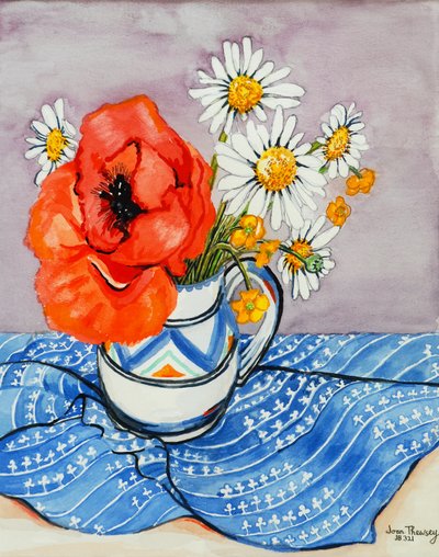 Röd orientalisk vallmo och margueriter i en Honiton-kanna, 2005, (vattenfärg) av Joan Thewsey