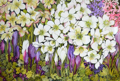 Spring Border: Hellebores, Crocus och Violets, av Joan Thewsey