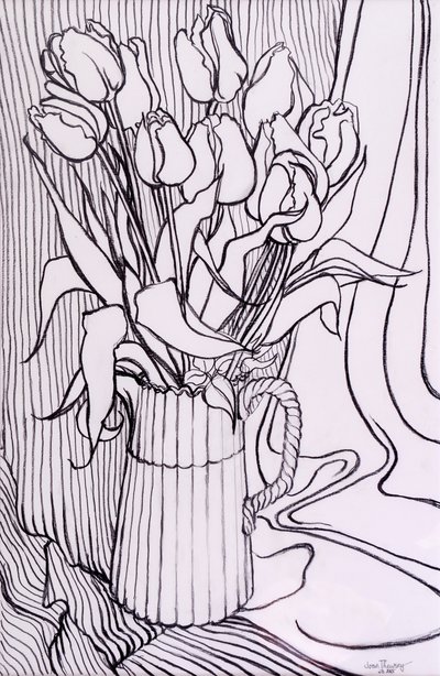 Tulpaner mot en randig duk, 2000, grafit av Joan Thewsey