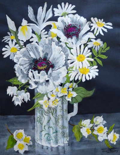 Vita vallmo, Marguerites och Philadelphus, (gouache) av Joan Thewsey
