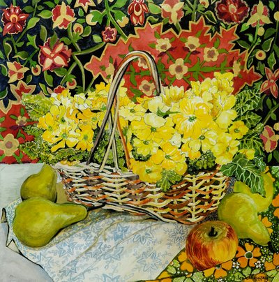 Gula primörer i en korg, med frukt och textilier, 2010. vattenfärg av Joan Thewsey