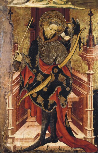 Sankt Sebastian och korsfästelsen. c.1417-25 (tempera på trä) av Joan or Juan Mates