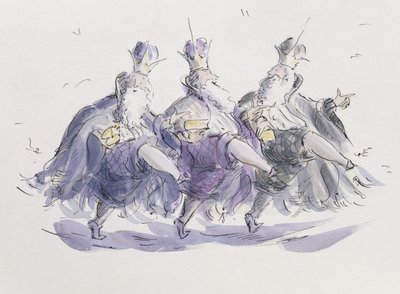 Three Kings Dancing a Jig (penna & bläck och wc på papper) av Joanna Logan