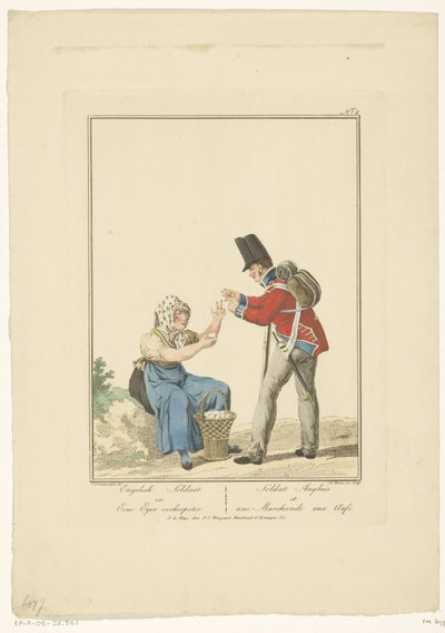 Stående soldat med sittande äggförsäljare Engelsk soldat och en ögonförsäljare (titel på objekt) Uniformer och kostymer (serietitel) av Joannes Bemme