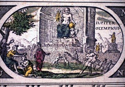 Representation av antikens sju underverk: statyn av Jupiter (Zeus) av Phidias - i ""Atlasen"" av Jansson Jannsonius, tryckt i Amsterdam 1630 av Joannes Jansson
