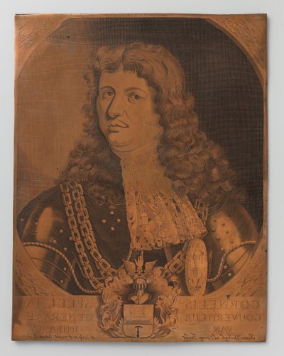 Koppargravyrplåt med porträtt (bröststycke) av Cornelis Speelman 1640-1684, generalguvernör i Nederländska Ostindien 1681-1684 av Joannes de Jongh