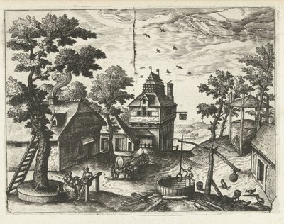 Värdshus med brunn Landskap, havslandskap och fantasifulla stadsbilder (serietitel) av Joannes van Doetechum (I) (attributed to)