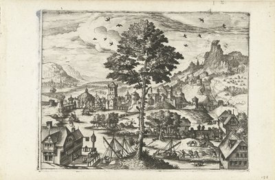 Landskap med en stad vid en flod Landskap, havslandskap och fantasifulla stadslandskap (serietitel) av Joannes van Doetechum (I) (attributed to)
