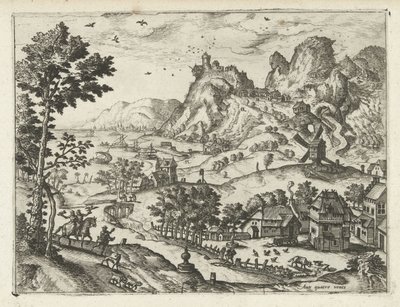 Landskap med falkenjakt Landskap, havslandskap och fantasifulla stadsbilder (serietitel) av Joannes van Doetechum (I) (attributed to)