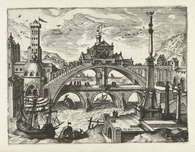 Stad med byggd bro Landskap, havslandskap och fantasifulla stadslandskap (serietitel) av Joannes van Doetechum (I) (attributed to)