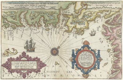 Karta över Norges och Sveriges kust mellan Merdøy och Uddevalla Custe van Noorweghen, med det landar van Noordt öster i dess väsen och formen (...) (titel på objektet) av Joannes van Doetechum (I)