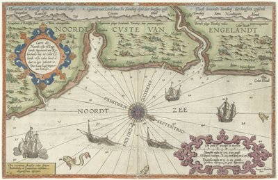 Karta över Englands norra kust vid Newcastle upon Tyne Caerte der Noordt custe van Englandt, med start från Robinhodes baij till Cocket Eijlandt (...) (titel på objekt) av Joannes van Doetechum (I)