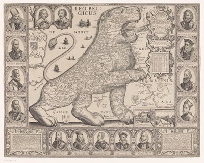 Karta över de sjutton provinserna i form av det holländska lejonet Leo Belgicus (titel på objekt) av Joannes van Doetechum (II)