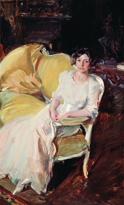 Clotilde sitter på soffan av Joaquín Sorolla