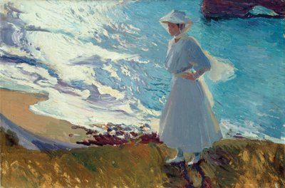María på stranden i Biarritz eller Motljus av Joaquín Sorolla