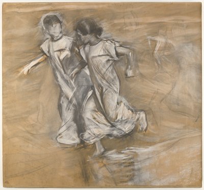 Untitled (Två flickor i vitt löpande arm i arm) (kol, grafit och vit pastell) av Joaquín Sorolla