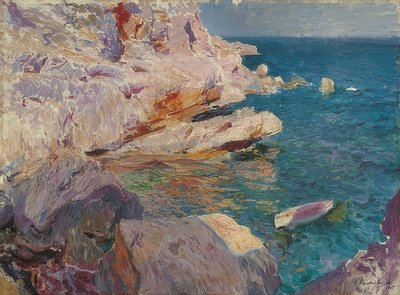 Jávea stenar med vit båt. 1905 av Joaquín Sorolla