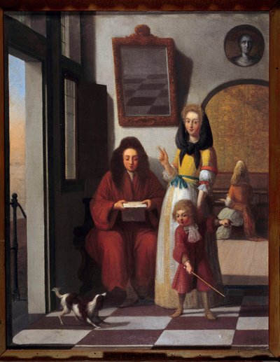 Genrescen En familj i en interiör. Mamman låter sin son leka med hunden. Målning av Job Berckheyde (1630-1696) 1600-talets Avignon, Calvet Museum av Job Berckheyde