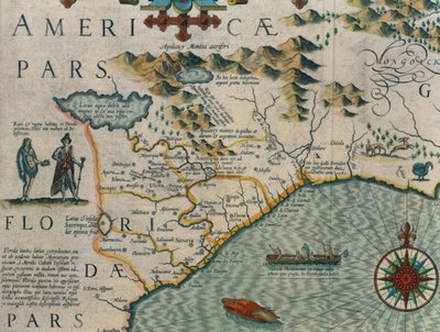 Coast of North Carolina, detalj på kartan med titeln Virginiae item et Floridae från Mercator Atlas... av 1606, pub. av Jodocus Hondius, 1619 handfärgad gravyr se även 66818, 81957 & 81958 av Jodocus Hondius
